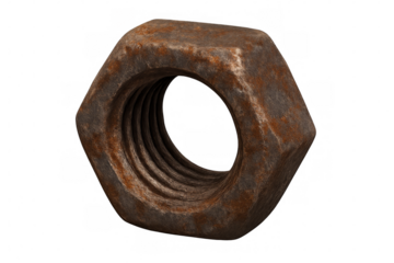 Rusty hex nut showing oxidation and corrosion on transparent background