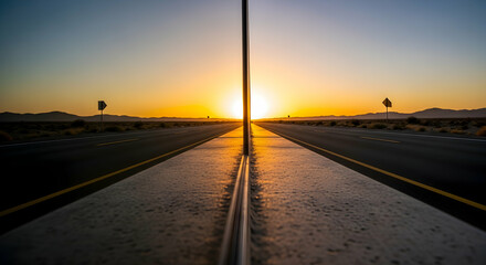 Fototapeta premium Dramatic Sunset Reflection on a Vehicle's Roof during a Road Trip across the Desert