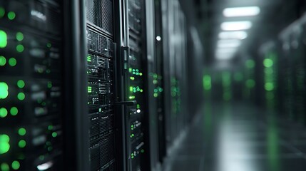 A dimly lit corridor in a data center with rows of glowing green server racks