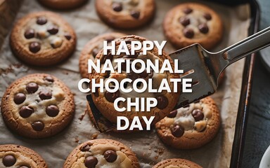 Happy national chocolate chip day with freshly baked cookies on a baking sheet