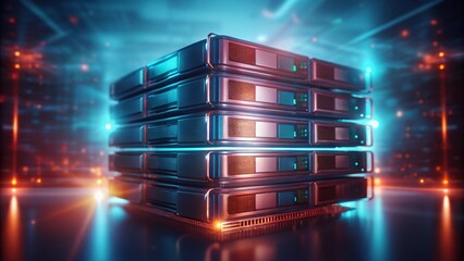 Luminous Multi-Tiered Server Cube with Vibrant Blue and Orange Light Flares in High-Tech Digital Environment for Cutting-Edge Data Storage Cloud Computing Advancements