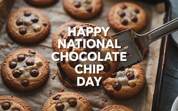 Happy national chocolate chip day with freshly baked cookies on a baking sheet