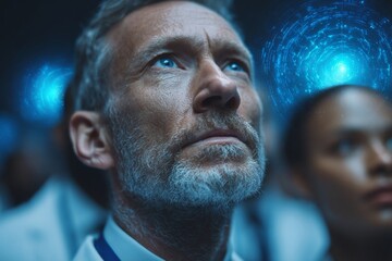 Diverse team engages in ai-driven project planning. Futuristic tools. Ai revolutionizes software development for enterprise clients. Human-ai fusion. Urban evolution.