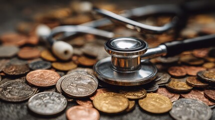 The stethoscope lies on a varied collection of coins, highlighting the financial aspects of healthcare and the burden of medical bills