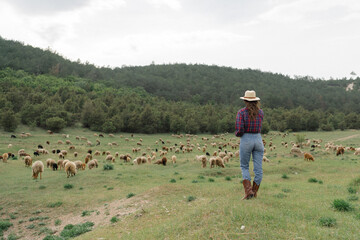 A woman wearing a cowboy hat stands in a field with a herd of sheep