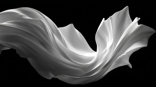Abstract black and white image of a flowing, fabric-like white petal or leaf against a dark background.