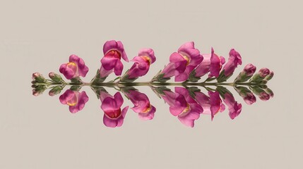 Fototapeta premium Symmetrical single stem with pink flowers of snapdragon Antirrhinum majus isolated