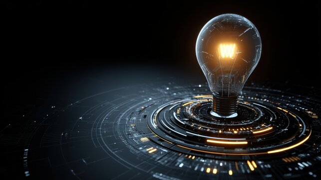 Glowing light bulb at the center of futuristic circular technology design, radiating bright energy on a dark background. Abstract digital and modern concept.