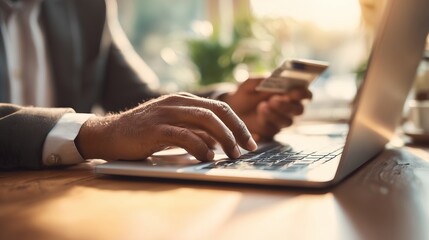 Online banking businessman using Laptop with credit card Shopping online Fintech and Blockchain concept