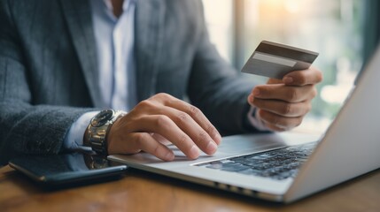 Online banking businessman using Laptop with credit card Shopping online Fintech and Blockchain concept