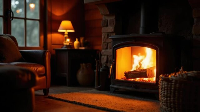 Cozy atmosphere of a vintage living room with a fireplace on a rainy, stormy night. Rain pours outside the window while the flickering fire fills the room with warmth and serenity. 3D animation.