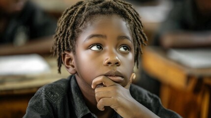 Pensive african school boy thinking during lesson,Frowning pensive African schoolboy with curly hair sitting at desk and thinking about test task while looking away at class
