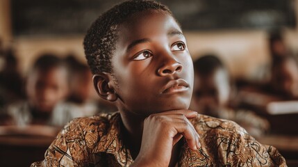 Pensive african school boy thinking during lesson,Frowning pensive African schoolboy with curly hair sitting at desk and thinking about test task while looking away at class

