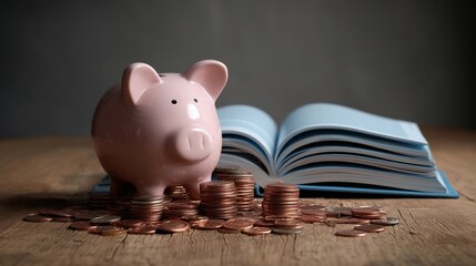 Piggy bank with coins and saving book bank