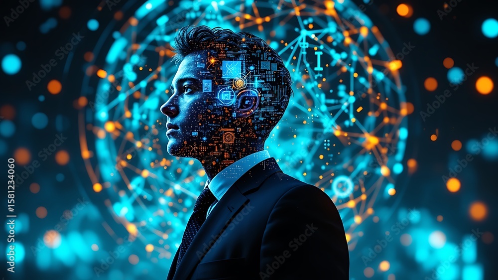 Poster man with futuristic digital brain and network background