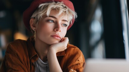 Pondering stylish young woman with short hair looking away while downloading media on modern laptop using wireless internet.Thoughtful hipster girl sitting with computer and installing application