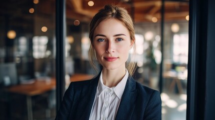 Portrait of a professional woman in a suit. Business woman standing in an office