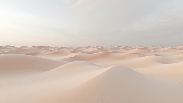Expansive desert landscape with rolling sand dunes under a soft sky