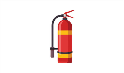 Red fire extinguisher with yellow bands and black hose on a white background