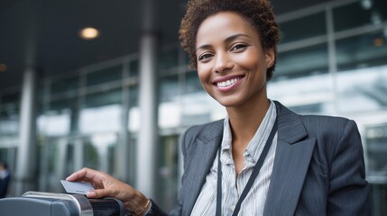 Smiling businesswoman swiping keycard at entrance checkpoint