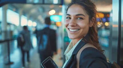 Smiling businesswoman swiping keycard at entrance checkpoint