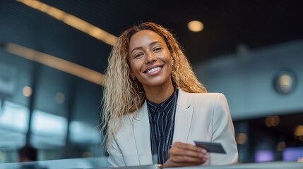 Smiling businesswoman swiping keycard at entrance checkpoint