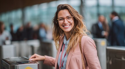 Smiling businesswoman swiping keycard at entrance checkpoint