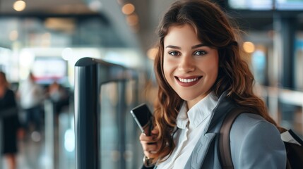 Smiling businesswoman swiping keycard at entrance checkpoint