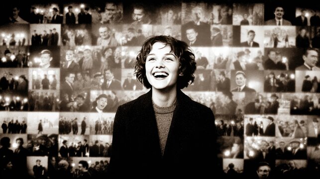 Joyful Woman Standing Against Vintage Family Photo Collage, Smiling Broadly