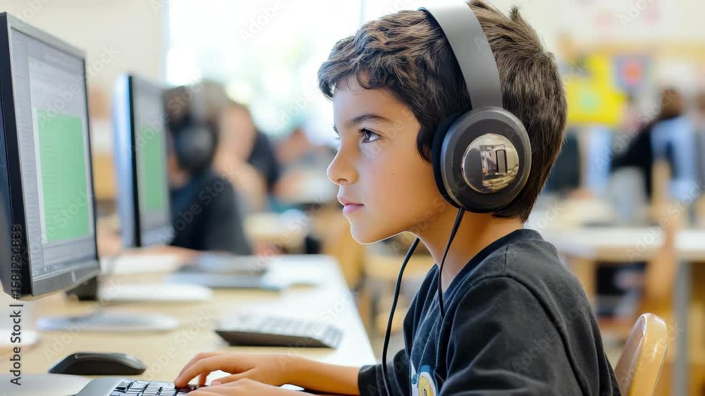 Aufkleber young boy focused on computer work in a classroom during school hours with classmates in background