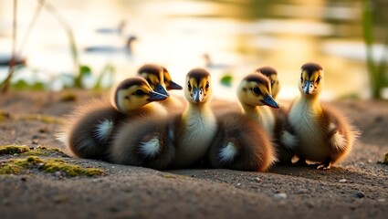 A group of fluffy ducklings huddled together on the ground near a body of water at golden hour light