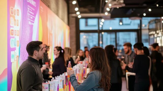 Engaging conversations at a vibrant event featuring colorful displays and interactive products in an urban setting
