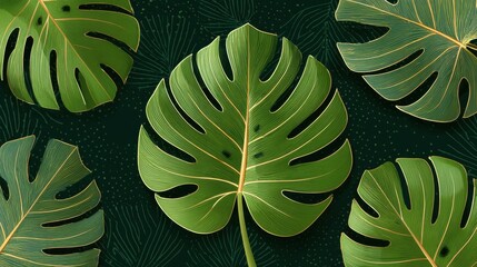 Fototapeta premium Luxury Nature green background vector. Floral pattern, Golden split-leaf Philodendron plant with monstera plant line arts, Vector illustration., no logos, no brands