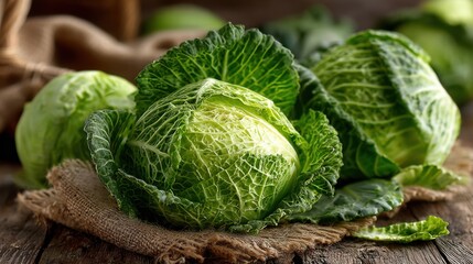 Fototapeta premium Cabbage heads with vibrant green leaves are arranged on a burlap cloth atop a wooden table. Soft lighting enhances their freshness, showcasing natural textures.