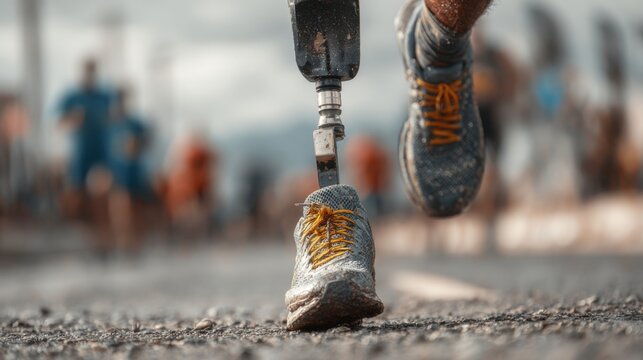 A runner strides forward with determination, showcasing a prosthetic leg while other competitors race nearby. The urban landscape serves as a dynamic backdrop for this event.