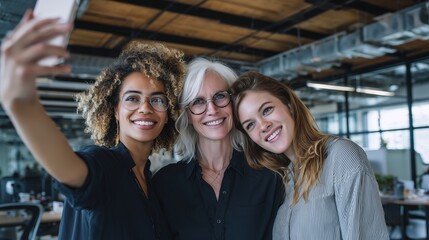 Three businesswomen taking a selfie in a modern office space