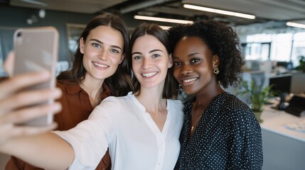Three businesswomen taking a selfie in a modern office space