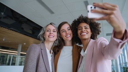 Three businesswomen taking a selfie in a modern office space