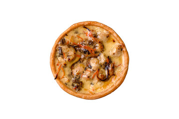 Pie or quiche, a sour tart with chicken and mushrooms, spices and herbs. Round quiche with chicken