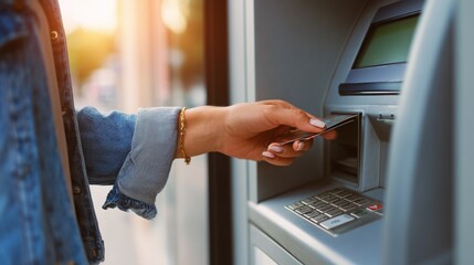 Woman using ATM holding wallet an pressing the PIN security number on the keyboard automatic teller machine