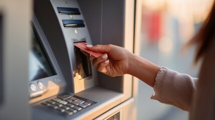 Woman using ATM holding wallet an pressing the PIN security number on the keyboard automatic teller machine
