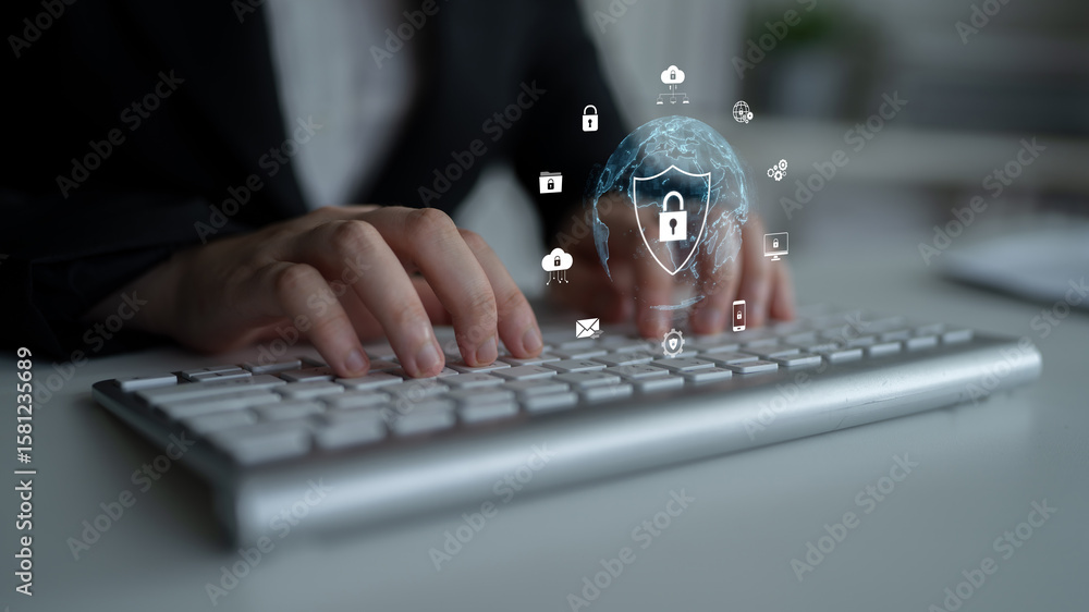 Poster cyber security protects against breaches, hacks, and network attacks using strong infrastructure and