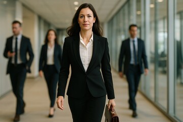 A businesswoman walking confidently down a corporate hallway with a leather briefcase, wearing formal attire