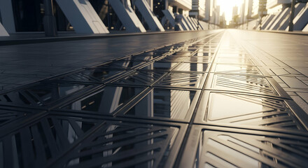 Futuristic urban landscape showcases modern architecture with gleaming reflections