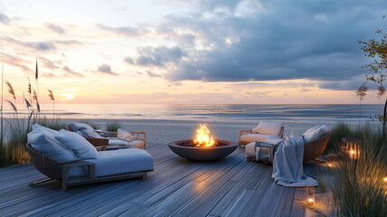 Beachside Outdoor Lounge with Firepit and Cozy Seating at Sunset