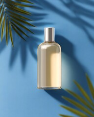 Fototapeta premium A perfume bottle sits on a blue surface with palm leaf shadows