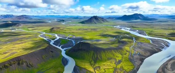 Iceland's Majestic River Delta: Aerial View of Glacial Waters & Volcanic Landscape - Powered by Adobe