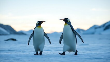 Two emperor penguins walking on a snowy landscape with mountains in the background at dusk or dawn