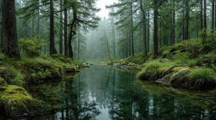 Obraz premium Misty morning light filters through tall trees in a lush forest. A calm stream reflects greenery, creating a peaceful atmosphere perfect for nature lovers.