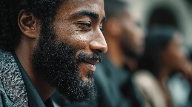 African american man smiles during business meeting daytime